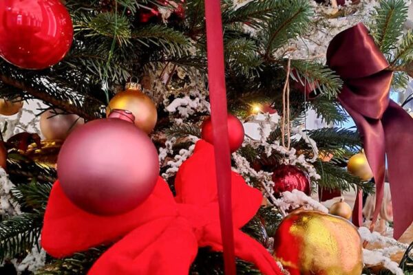 Natürliche Weihnachtsdekoration auf einer Holzbank im Außenbereich mit Zweigen und Kerzen.